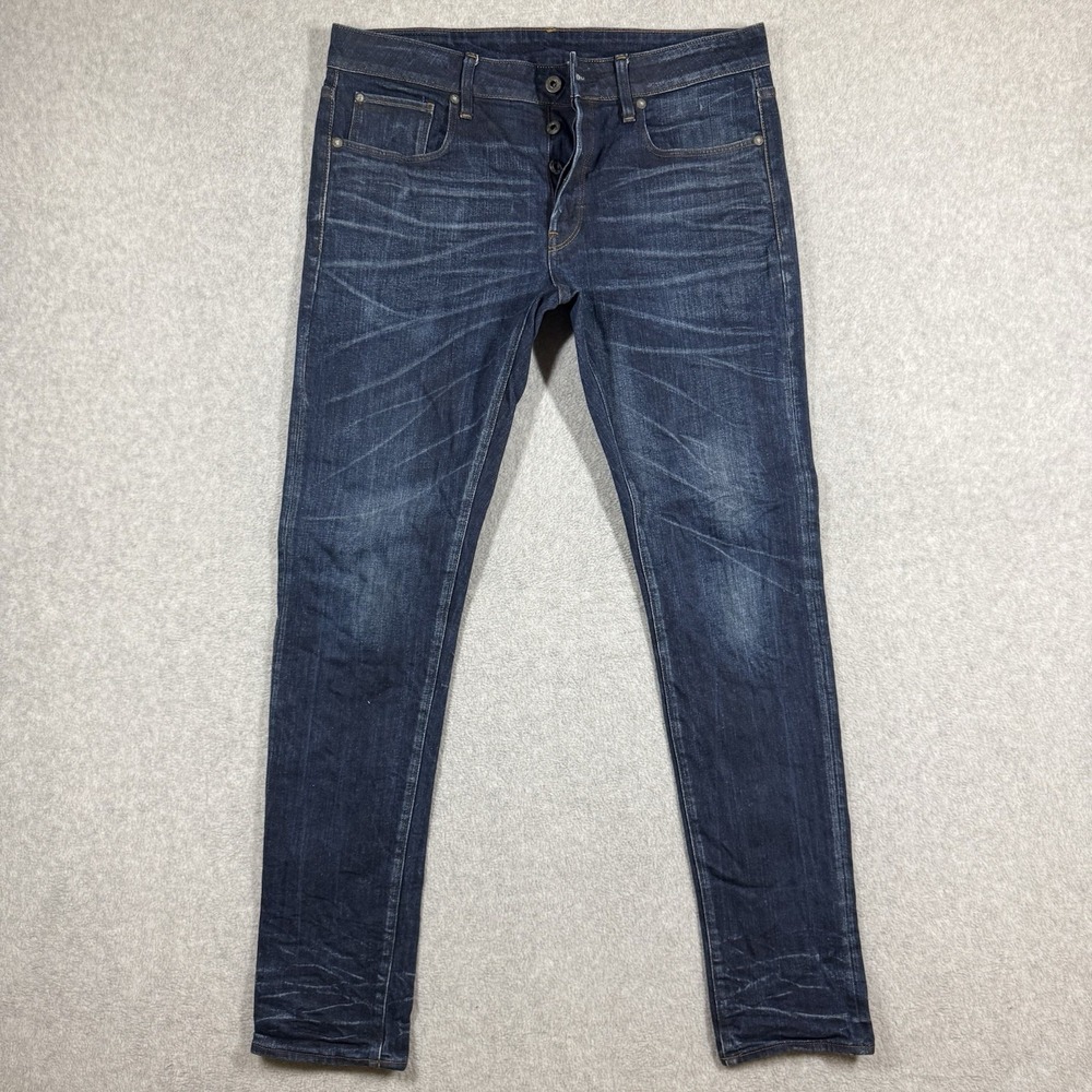 G-STAR Raw 3301 Slim Jeans Mens 34x33 Dark Wash Stretch Whiskered Faded Hemmed